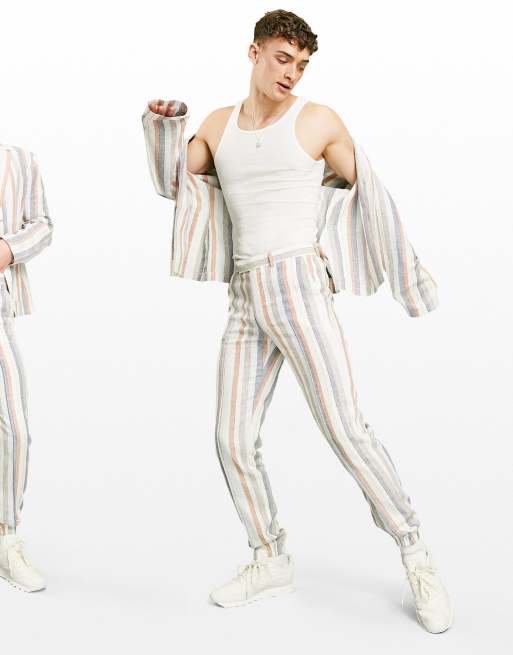 Pantalones de traje a rayas blancas y azules multicolores de linea sartorial casual de corte slim de mezcla de lino de ASOS DESIGN ASOS