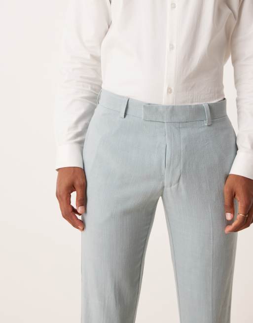 Pantalones de traje azul claro de corte pitillo de tejido con lino microtexturizado de ASOS DESIGN, 3 de 5