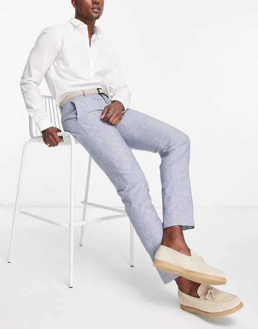 Pantalones de traje azul claro de corte slim de mezcla de lino de Jack & Jones Premium  
