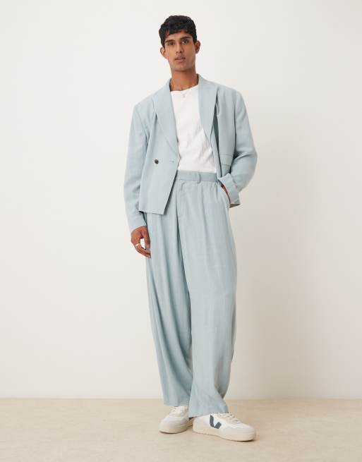 Pantalones de traje azul claro de pernera barrel de mezcla de lino de ASOS DESIGN, 2 de 5