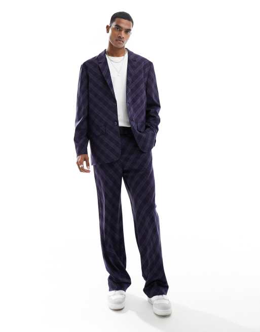 Pantalones de traje azul marino a cuadros de corte al bies y pernera ancha de ASOS DESIGN