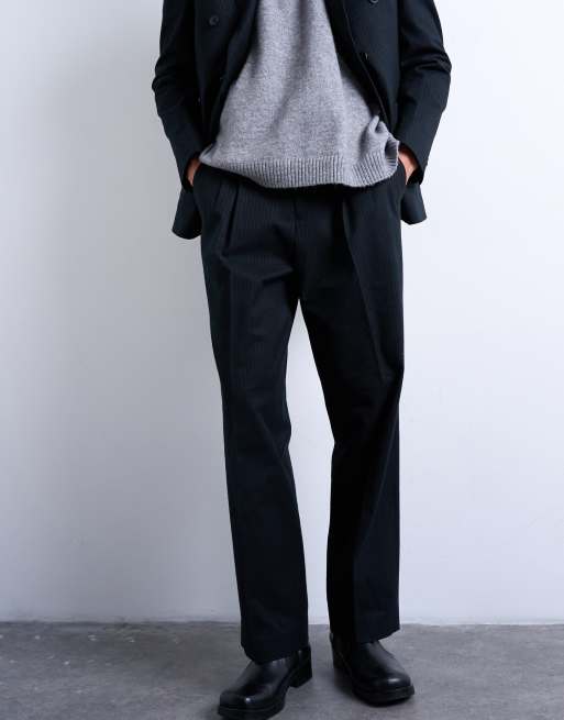 Pantalones de traje azul marino a rayas de pernera ancha de mezcla de lana de Topman, 3 de 5