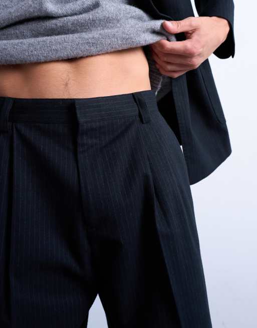 Pantalones de traje azul marino a rayas de pernera ancha de mezcla de lana de Topman, 4 de 5