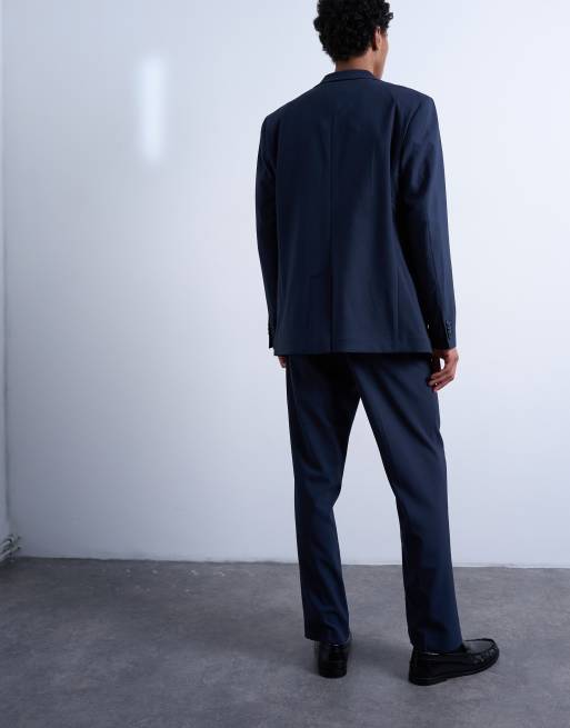 Pantalones de traje azul marino de corte recto de tejido efecto lana de Topman, 2 de 5
