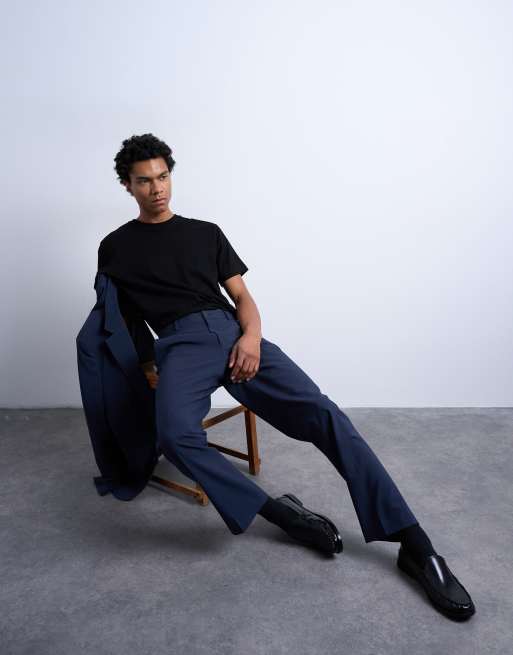 Pantalones de traje azul marino de corte recto de tejido efecto lana de Topman, 3 de 5