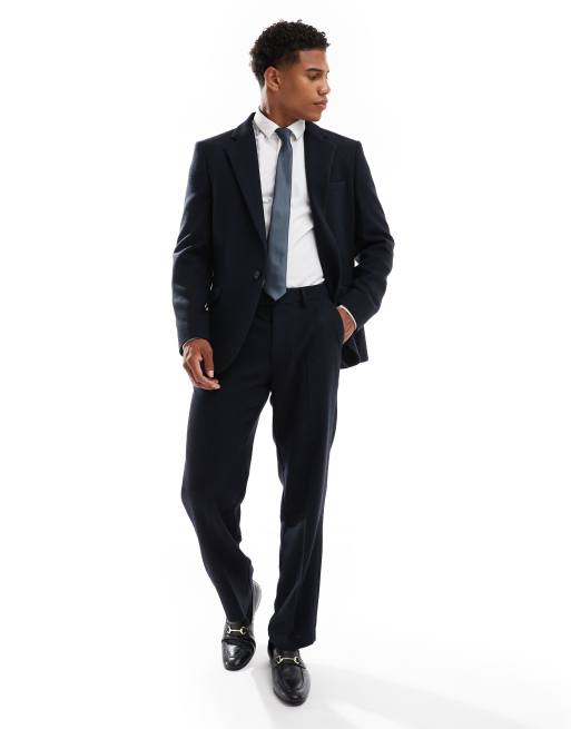 Pantalones de traje azul marino de corte slim de sarga de mezcla de lana de ASOS DESIGN