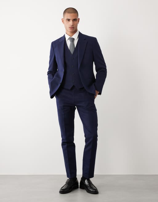 Traje azul marino de corte slim de sarga rica en lino de ASOS DESIGN, 4 de 4