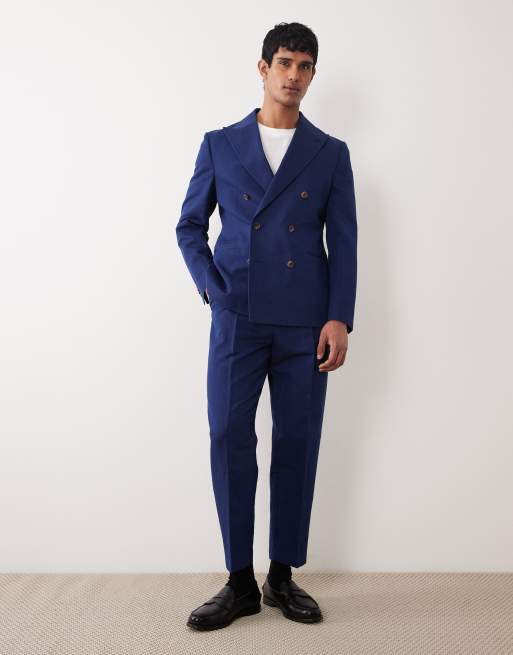 Traje azul marino de corte slim con doble botonadura de tejido rico en lino de ASOS DESIGN, 2 de 3