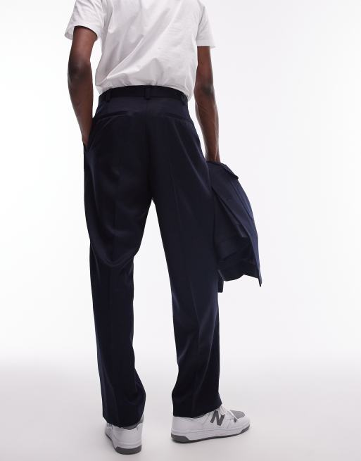 Pantalones de traje azul marino de pernera ancha de mezcla de lana de Topman, 5 de 5