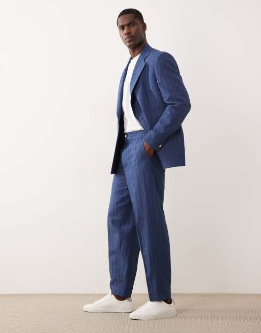 Pantalones de traje azules a rayas de corte tapered extragrande de mezcla de lino de ASOS DESIGN, 3 de 5