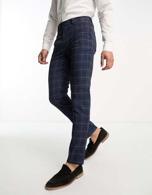 Pantalones de traje azules con estampado de cuadrícula de corte pitillo de Gianni Feraud