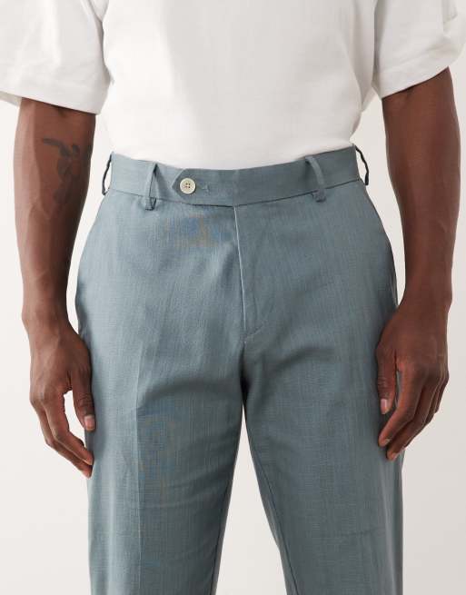 Pantalones de traje azules de corte slim de tejido 100% de algodón efecto lino de ASOS DESIGN, 4 de 5