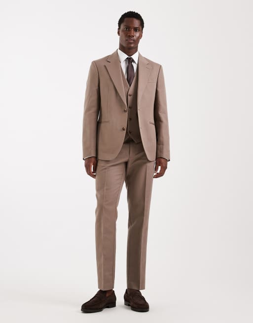 Traje beis de corte slim de sarga rica en lino de ASOS DESIGN, 4 de 4