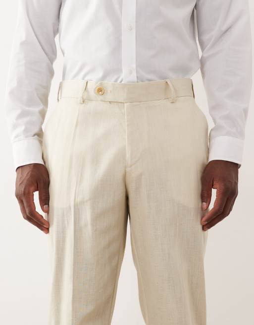 Pantalones de traje beis de corte slim de tejido 100% de algodón efecto lino de ASOS DESIGN, 4 de 5