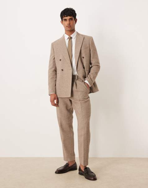 Pantalones de traje beis de corte tapered holgado con patrón de espiga de ASOS DESIGN - view 1