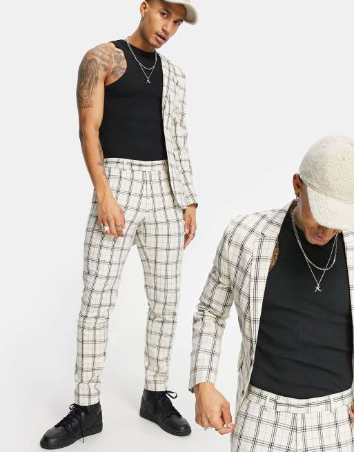 Pantalones de traje beis pitillo a cuadros de tipo cuadrícula de ASOS DESIGN Wedding