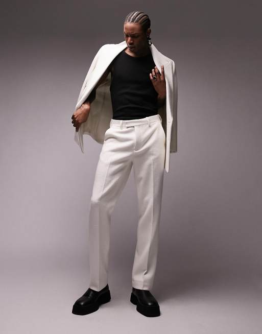 Pantalones de traje blancos de pernera recta de tejido tipo peluche de mezcla de lana de edición limitada premium de Topman