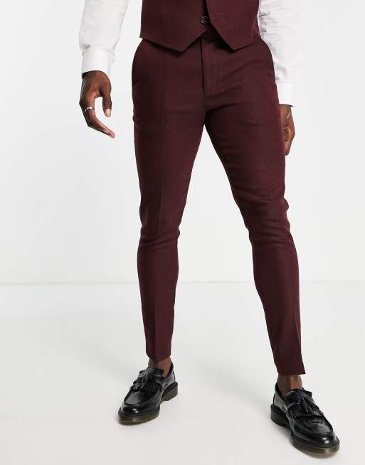 Pantalones de traje burdeos con estampado de espiga de corte superpitillo de mezcla de lana de ASOS DESIGN Wedding