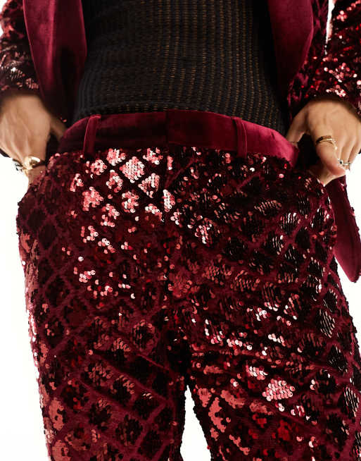 Pantalones de traje burdeos de corte pitillo con diseño de rombos de lentejuelas de ASOS DESIGN, 3 de 5