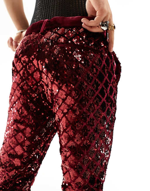 Pantalones de traje burdeos de corte pitillo con diseño de rombos de lentejuelas de ASOS DESIGN, 5 de 5