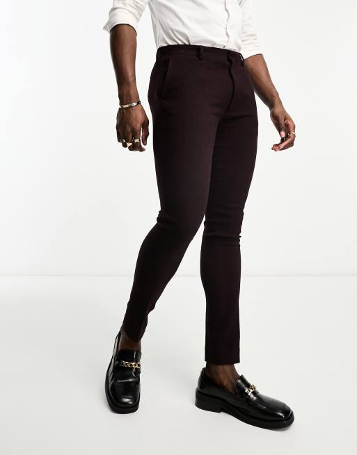 Pantalones de traje burdeos de corte superpitillo con patrón de espiga de mezcla de lana de ASOS DESIGN
