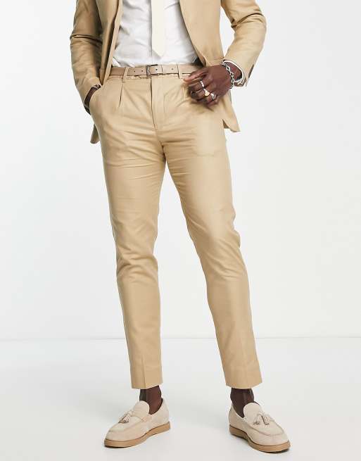 Pantalones de traje color arena de corte slim de mezcla de lino de Selected Home