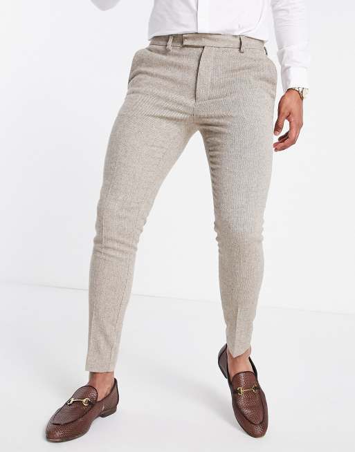 Pantalones de traje color avena de corte superpitillo de tweed de mezcla de lana de ASOS DESIGN
