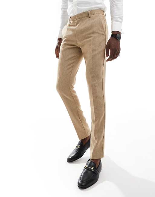 Pantalones de traje color caramelo de corte pitillo con textura de tejido panamá de mezcla de lana de ASOS DESIGN