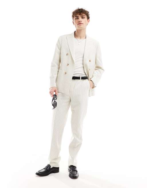 Pantalones de traje color crema de corte slim con raya diplomática de Twisted Tailor
