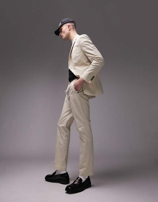 Pantalones de traje color crudo de corte pitillo con cinturilla elástica de algodón lavado de Topman