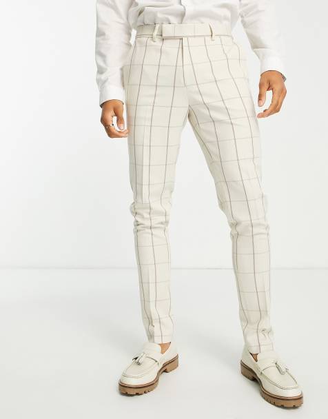 Pantalones de traje color crudo de corte pitillo con estampado de cuadrícula marrón de mezcla de lino de ASOS DESIGN - view 1