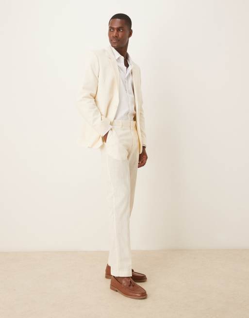 Pantalones de traje color crudo de corte slim con pinzas delanteras de tejido efecto lino de ASOS DESIGN
