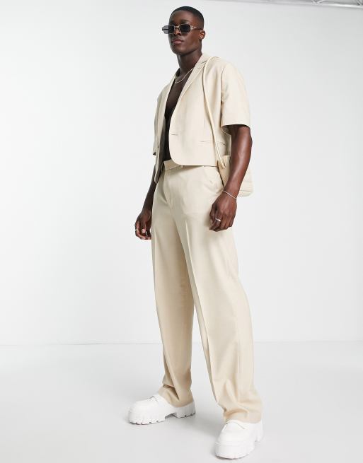 Pantalones de traje color crudo de pernera ancha de tejido microtexturizado de ASOS DESIGN, 4 de 4