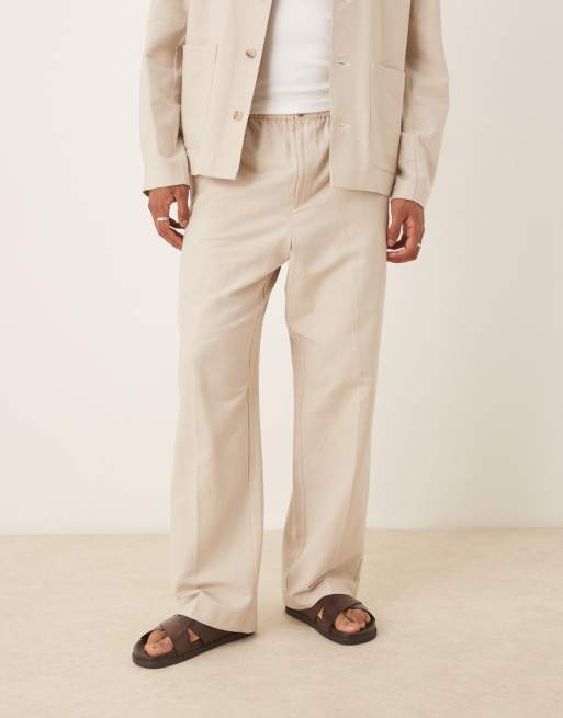 Pantalones de traje color crudo sin cierres de pernera ancha de tejido con lino de ASOS DESIGN