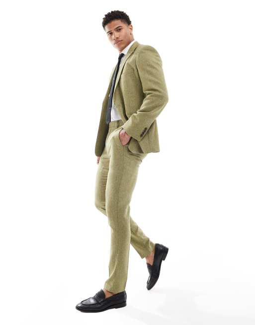 Traje verde oliva entallado con textura de tejido panama de mezcla de lana de ASOS DESIGN ASOS