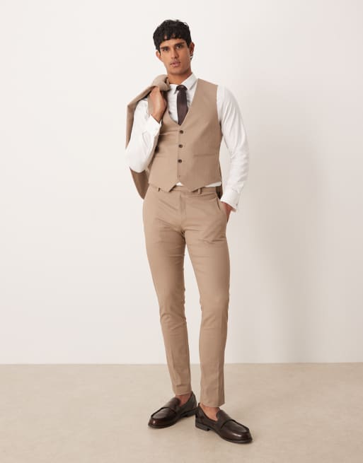 Pantalones de traje color piedra de corte pitillo con patrón de espiga de ASOS DESIGN