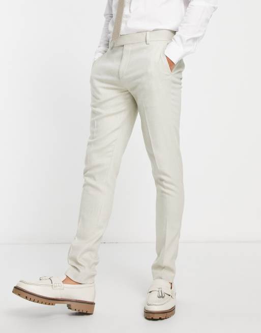 Pantalones de traje color piedra de corte pitillo con textura de tejido panamá de mezcla de lana de ASOS DESIGN Wedding  