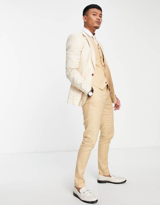Pantalones de traje color piedra de corte pitillo de mezcla de lino de ASOS DESIGN Wedding
