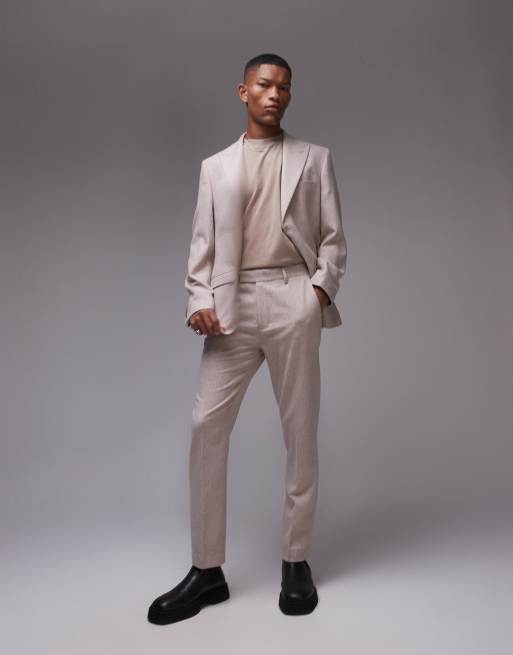 Pantalones de traje color piedra de corte slim de mezcla de lana premium de Topman