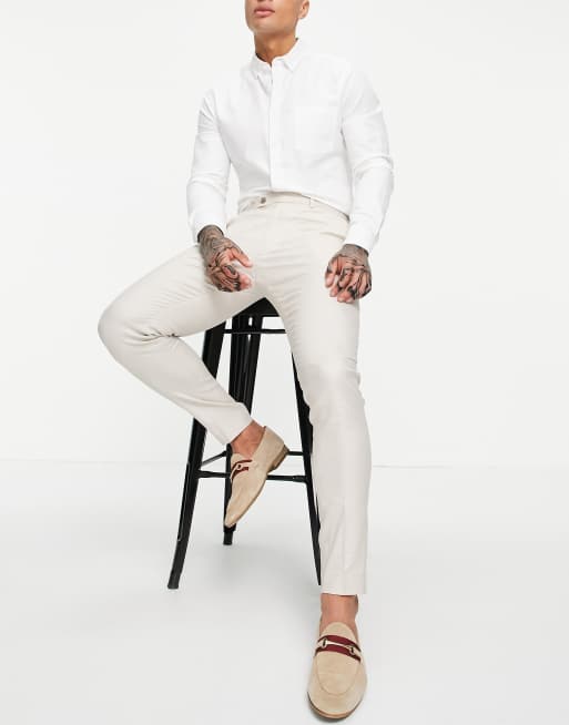 Pantalones de traje color piedra de corte superpitillo de mezcla de lino de ASOS DESIGN Wedding