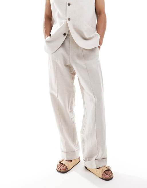 Pantalones de traje color piedra de pernera ancha con cinturilla elástica de mezcla de lino de ASOS DESIGN