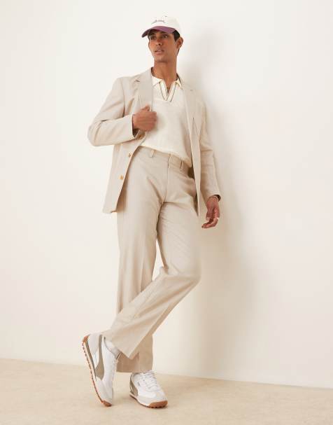Pantalones de traje color piedra de pernera recta de sarga de mezcla de algodón y lino de ASOS DESIGN - view 1