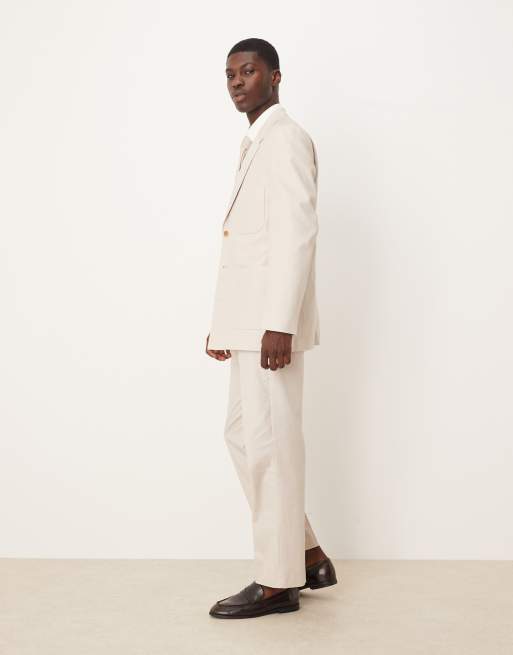 Pantalones de traje color piedra de pernera recta de sarga de mezcla de algodón y lino de ASOS DESIGN, 3 de 5
