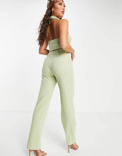 Pantalones de traje color salvia de pernera recta de punto efecto lino de ASOS DESIGN (parte de un conjunto), 2 de 4