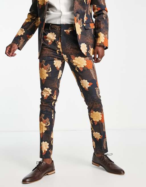 Pantalones de traje color teja de corte pitillo con estampado floral de ASOS DESIGN