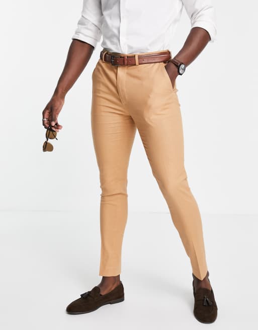 Pantalones de traje color tostado de corte superpitillo de mezcla de lino de ASOS DESIGN
