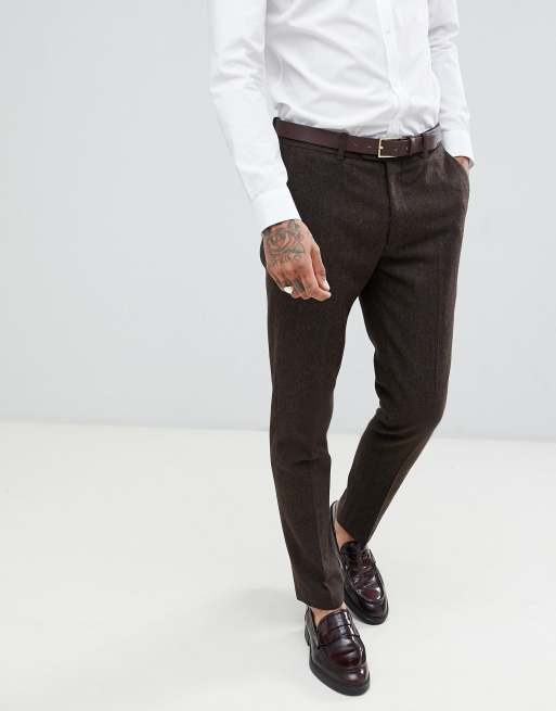 Pantalones de traje de corte slim de mezcla de lana Donegal en marrón de Gianni Feraud