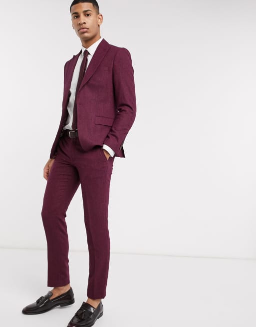 Pantalones de traje de espiga de corte slim en granate de Moss London | ASOS
