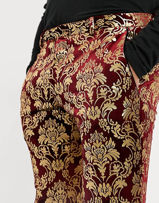 digestión Alargar Complejo Pantalones de traje granates de terciopelo con estampado barroco dorado de  Twisted Tailor | ASOS