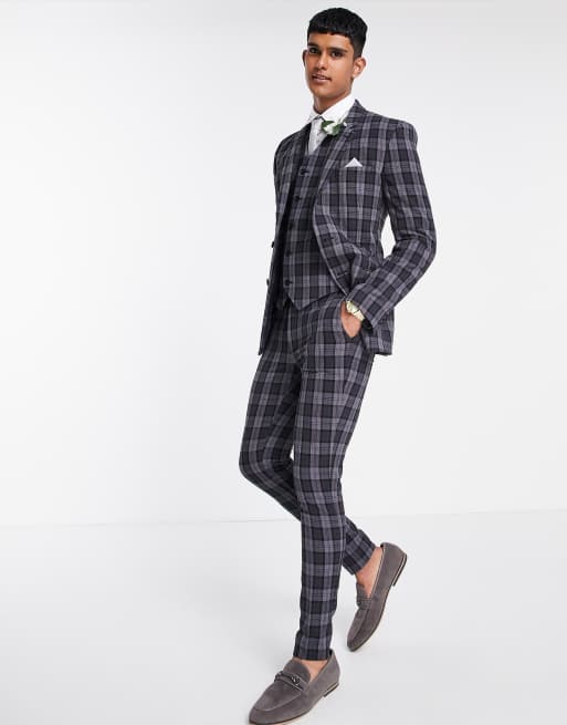 Pantalones de traje gris carbón a cuadros Oxford de corte pitillo de ASOS DESIGN